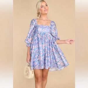 Storia Blue Floral Babydoll Mini Dress LARGE Cottage Fairycore Whimsy